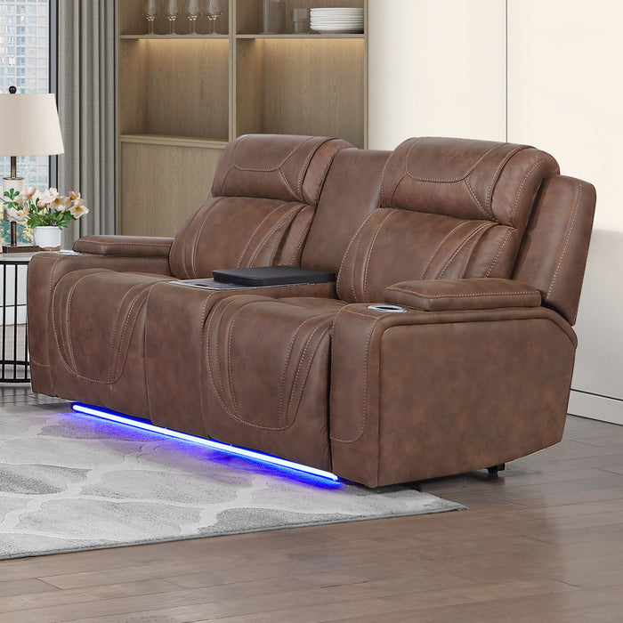 Carrow - Loveseat With Power Headrest, Footrest & Cooler, Massage, Stereo - Brown New Classic