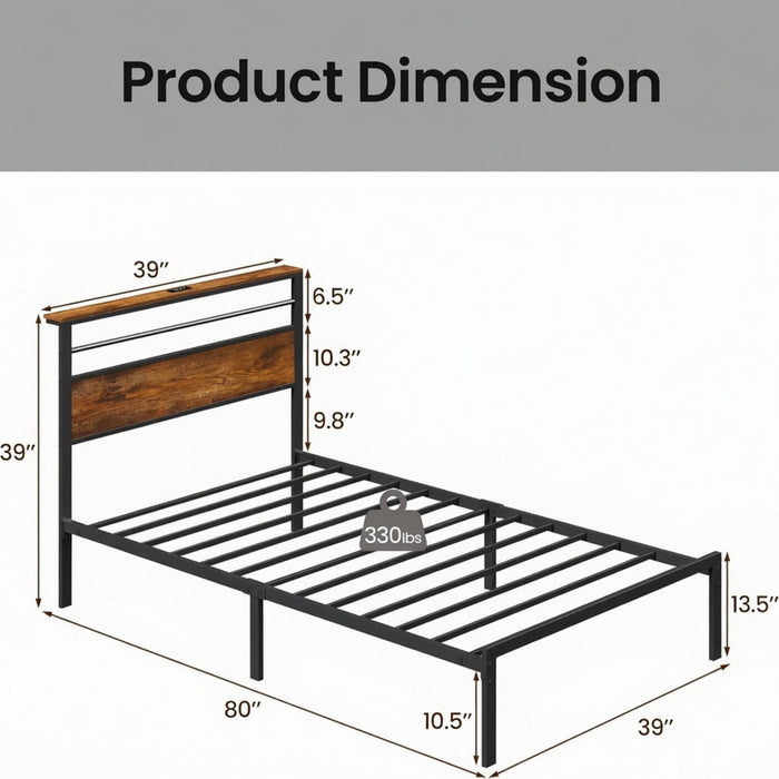 Platform Bed Frame With Charging Station & Headboard Shelves Home Essentials