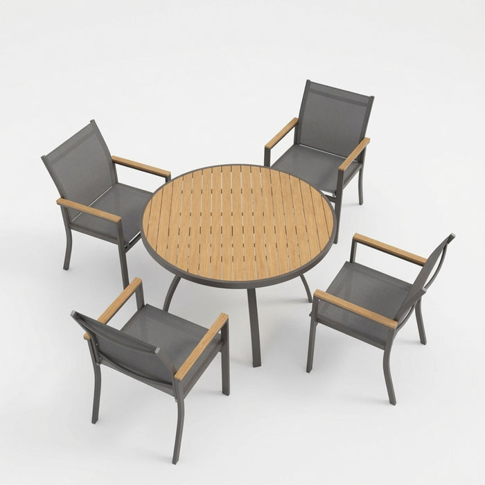 Gray Aluminum Patio Dining Set With Textilene Chairs, 5 Piece All Weather Round Table And 4 Seater For Garden, Deck, Or Porch Home Essentials