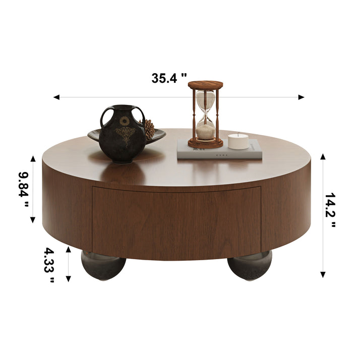 Drum Shaped Coffee Table With Hidden Storage Drawer, Low Profile For Living Room - Walnut Home Essentials