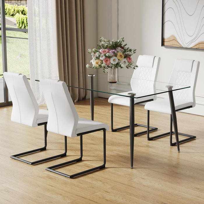 1 Table And 4 Chairs Set, Rectangular Table With Transparent Tabletop And Black Metal Legs, Paired With 4 Chairs With PU Leather Cushioned Seats And Black Metal Legs
