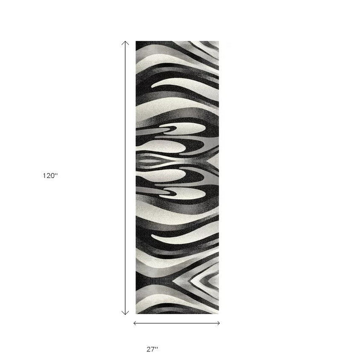 10' Marble Power Loom Runner Rug - Black Gray And White