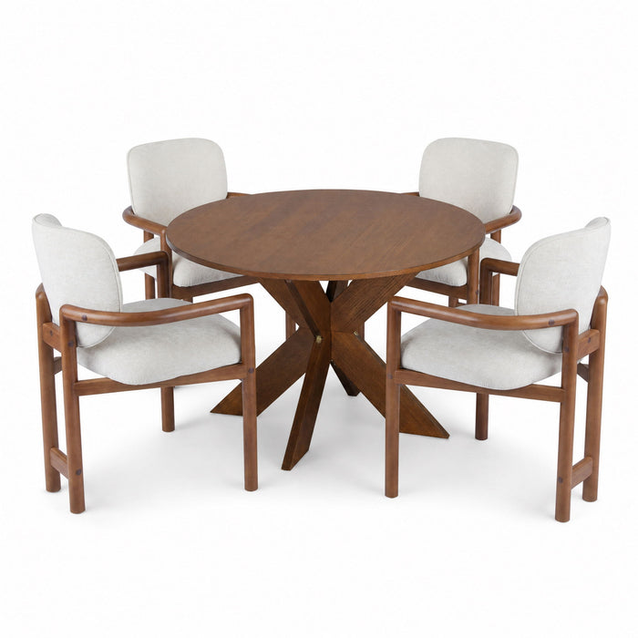 5 Piece Indoor Dining Set, Round Table & 4 Brown Arm Chairs - Beige / Brown / Cherry Noble House