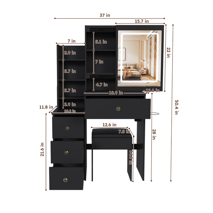 Vanity Desk With 3 LED Lighting Modes, 4 Drawers, Open Shelves, Hair Dryer Holder & Power Socket Dressing Table Set With Chair - Black Home Essentials