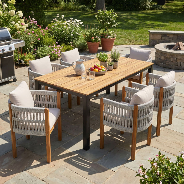 7 Piece Outdoor Dining Set With Table And Chairs - Beige / Teak / White Noble House