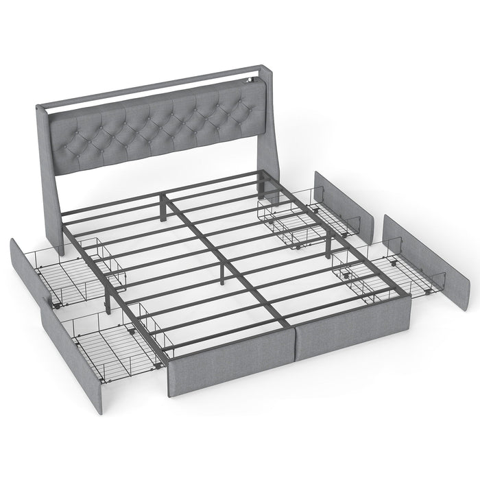 Platform Bed Frame With RGB LED Lights, Charging Station, Storage Headboard & 4 Underbed Drawers Home Essentials