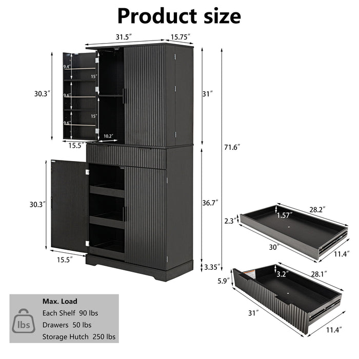 Fluted Kitchen Pantry Cabinet With 3 Keyboard Drawers & 6 Adjustable Door Shelves Home Essentials