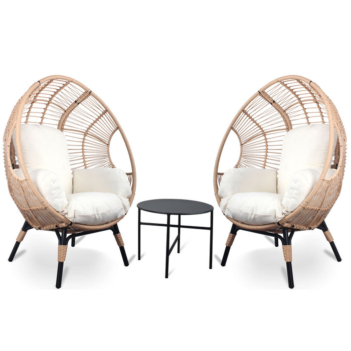 3 Pieces Patio Egg Chairs (Model 2) With Side Table Set, Natural Color PE Rattan And Beige Cushion