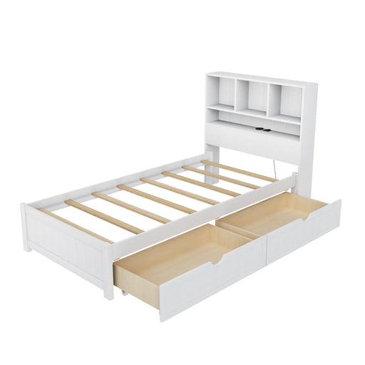 Platform Bed With Bookcase Headboard, Built-In Downlight, Charging Station, And 2 Side Drawers Hearth and Haven