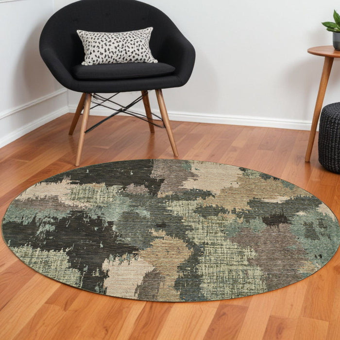 8' Round Abstract Power Loom Area Rug - Blue And Ivory