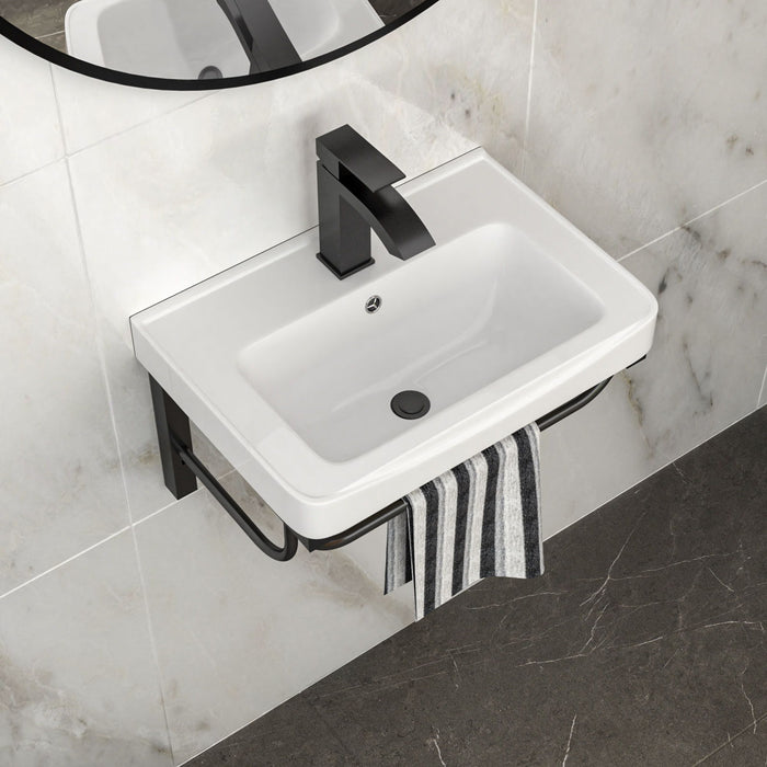Wall Mounted Rectangular Bathroom Sink With 304 Stainless Steel Towel Bar & Overflow - White