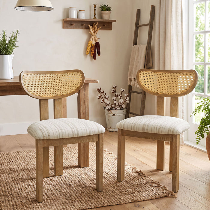 Striped Upholstered Rattan Back Dining Chairs (Set of 2) Home Essentials