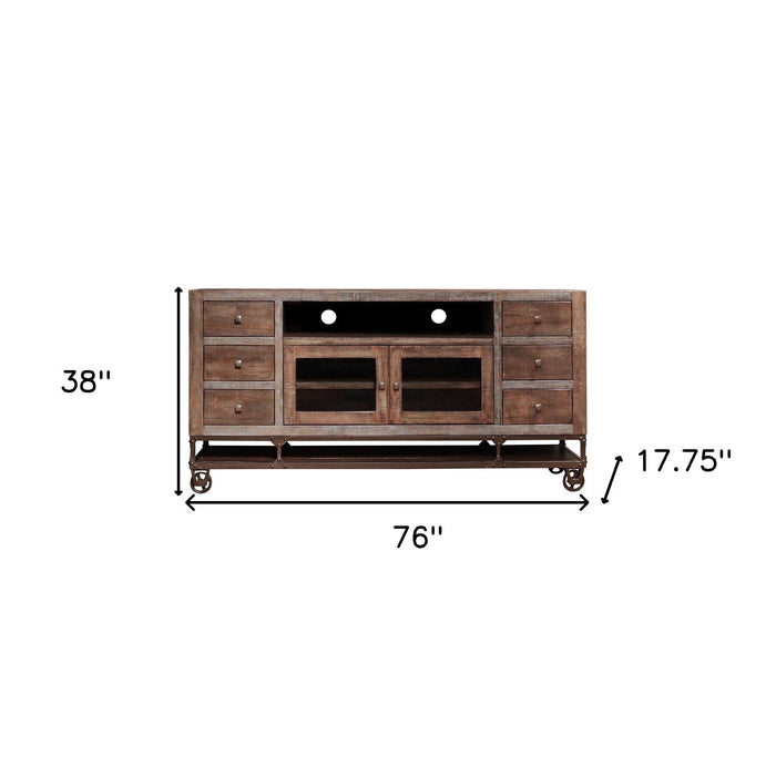 Solid Wooden Cabinet Enclosed Storage, Distressed TV Stand - Brown