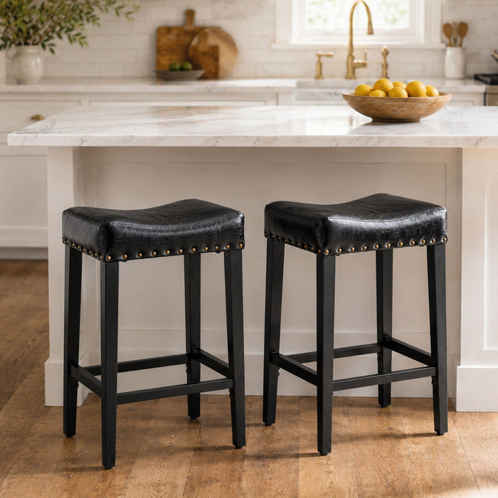 Bar Stool With Brass Nailhead Trim (Set of 2) - Black Home Essentials