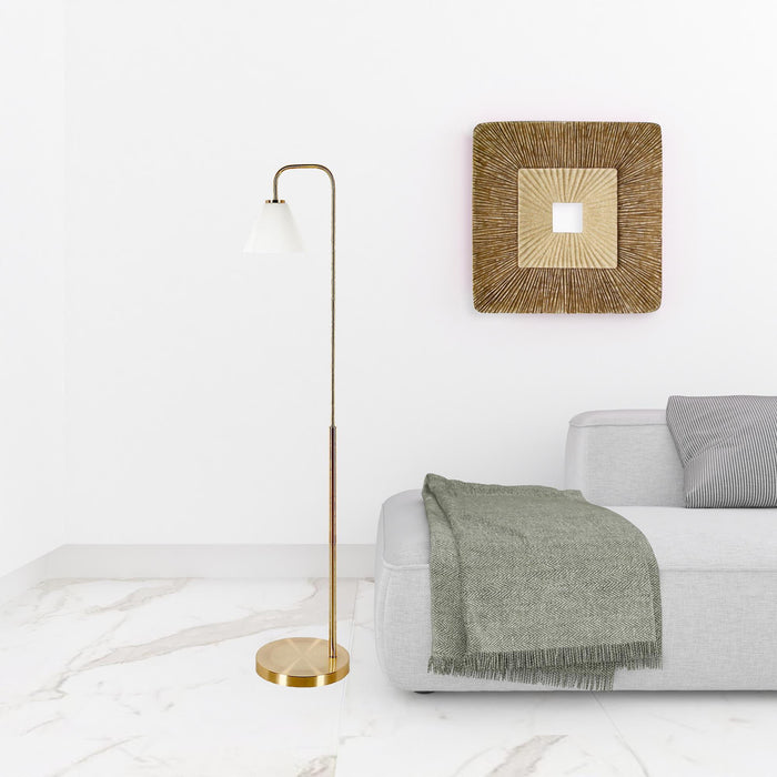 Arched Floor Lamp With White Frosted Glass Cone Shade - Brass