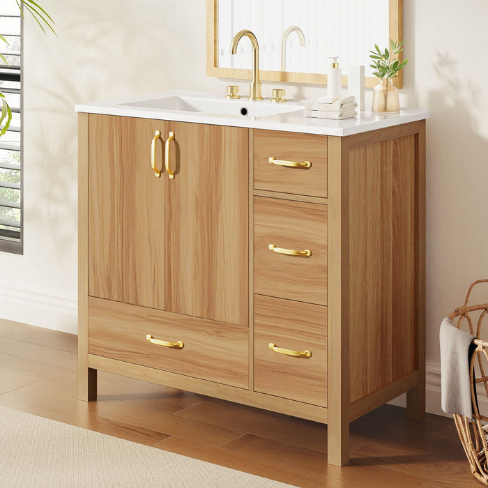 Bathroom Vanity, 2 Soft Close Doors, 4 Soft Close Drawers, Adjustable Shelf, Storage Cabinet - Acacia Wood Hearth and Haven