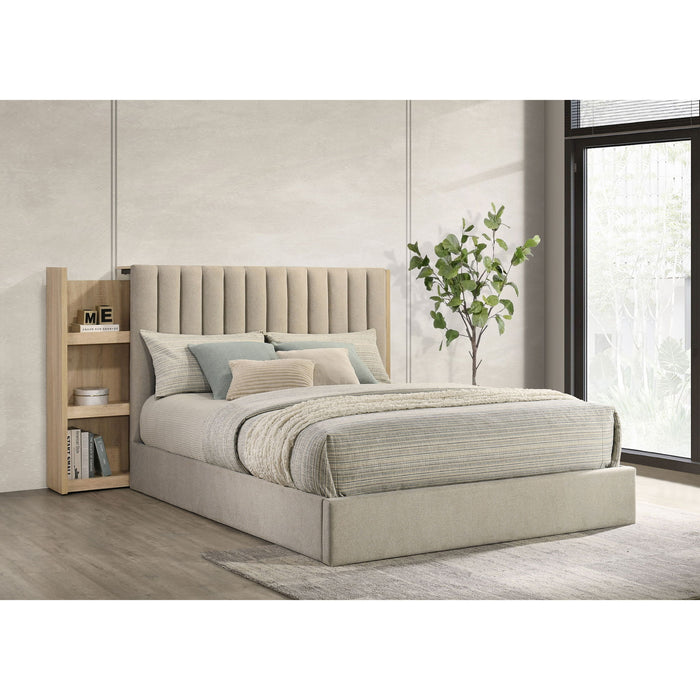 Merritt - Queen Bookcase Storage Bed With Tufted Headboard - Light Oak / Light Tan Furniture Max