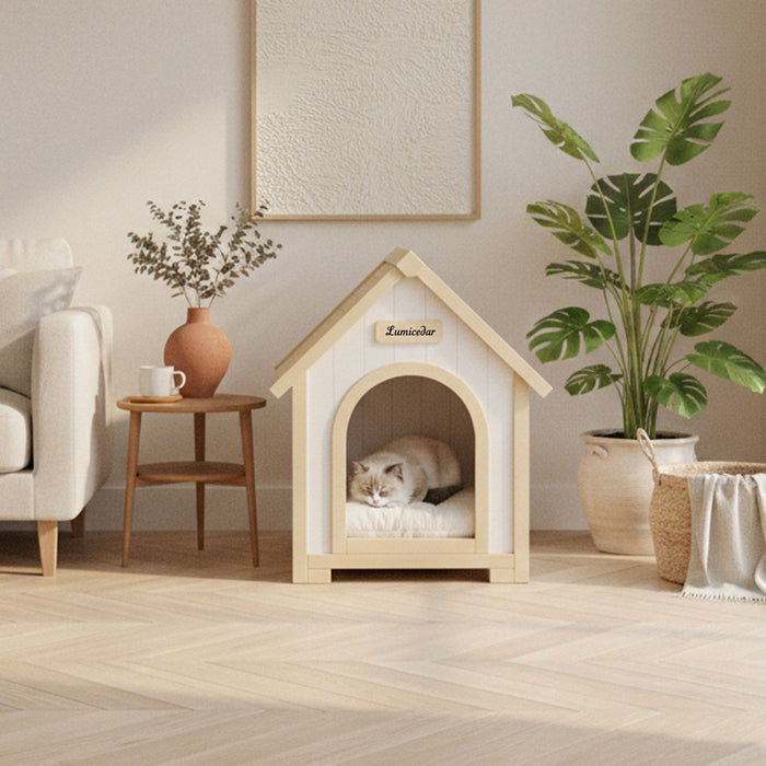 Indoor Dog House With Cushion Pet House For Small Dogs & Cats - Creamy White / Light Yellow Daily Nest