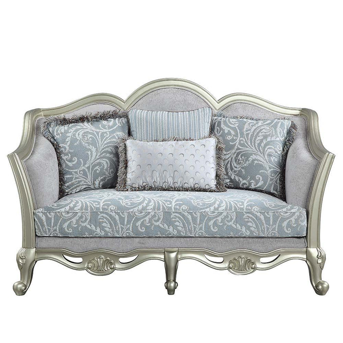 Qunsia - Loveseat With 4 Pillows - Light Gray Linen & Champagne ACME