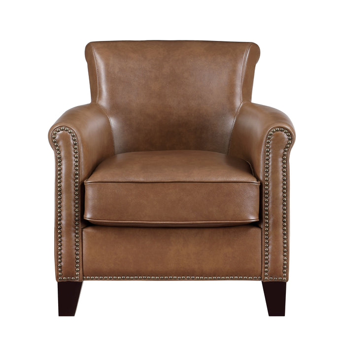 Traditional Brown Leather Accent Chair 1 Piece Solid Wood Frame Top - Grain Leather Nailhead Trim Classic Modern Living Room Furniture