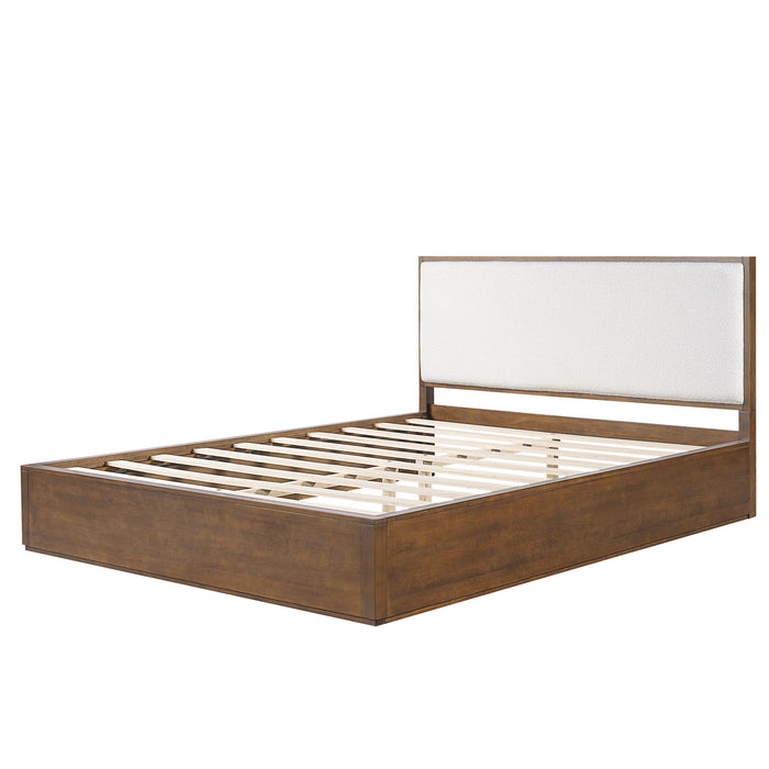 Queen Low Profile Design Bed With Upholstered Headboard - Beige / Walnut Brown Noble House