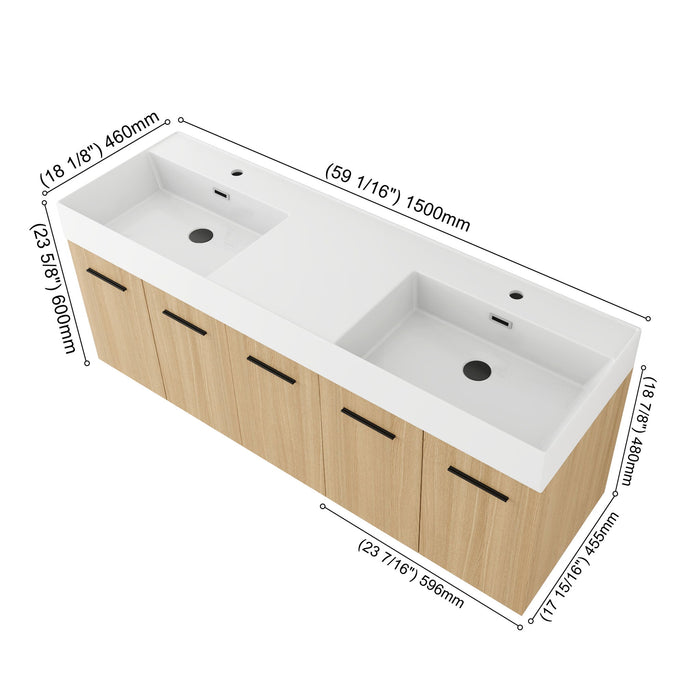 Floating Double Sink Bathroom Vanity Set With Tall Linen Cabinet, Extra Large Storage, Integrated Sink, Soft Close Doors - Glossy White / Light Oak Home Essentials