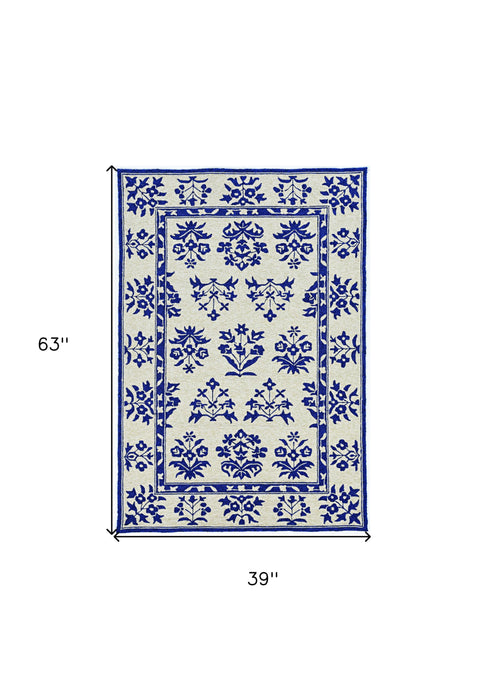 3' X 5' Hand Hooked UV Treated Traditional Floral Design Indoor / Outdoor Rug - S / Blue