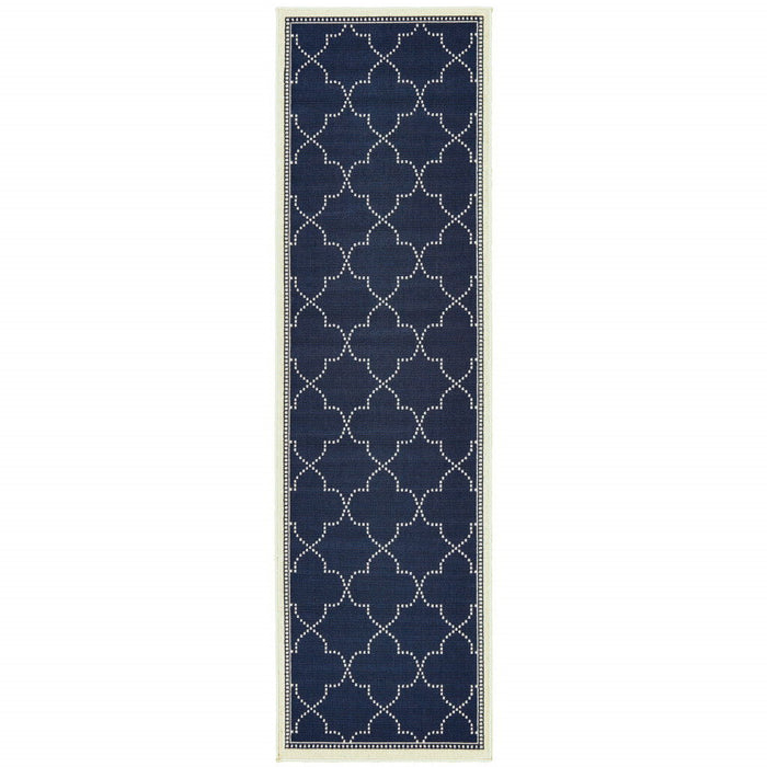 2' X 8' Geometric Stain Resistant Outdoor / Indoor Area Rug - Blue / Ivory