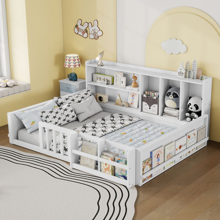 Platform Bed Frame With Guardrail, Storage Shelves & Bookshelf Home Essentials