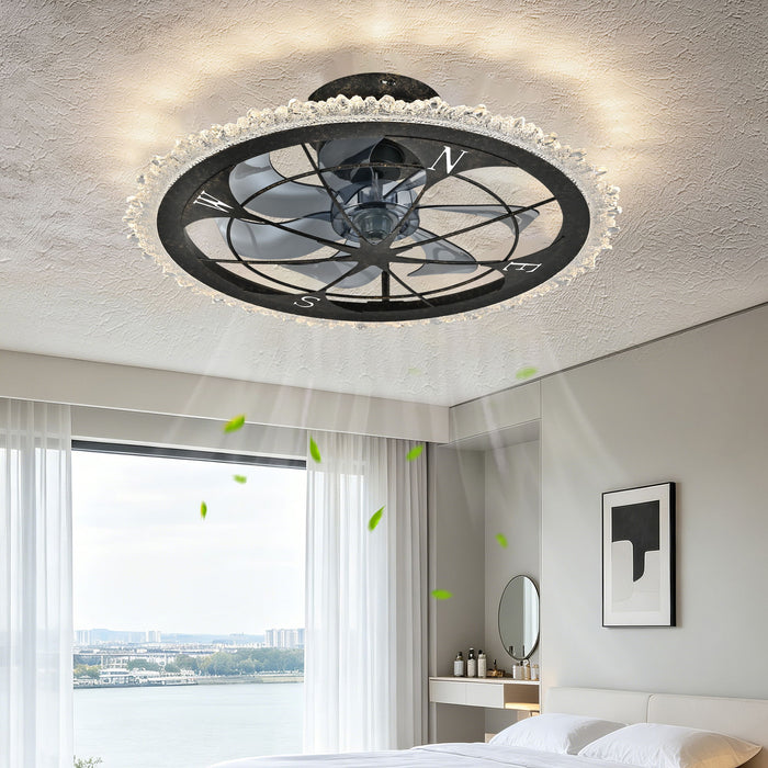 Caged Ceiling Fan & Remote Controlled Dimmable LED Lights, Flush Mount Fan, Low Profile Design - Antique Black Daily Nest