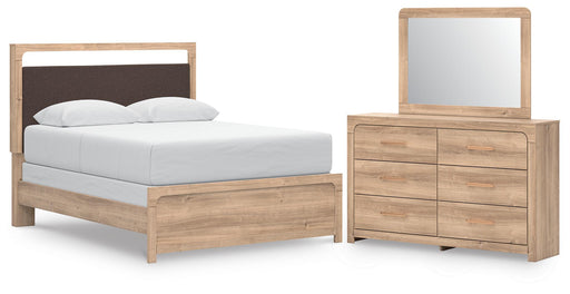 Kinlanni - 3 Pc. - Queen Upholstered Panel Bed, Dresser And Mirror - Tan Signature Design by Ashley®