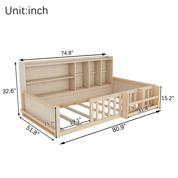 Platform Bed Frame With Guardrail, Storage Shelves & Bookshelf Home Essentials