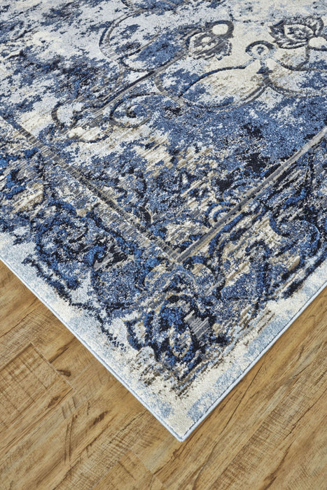 Floral Distressed Stain Resistant Area Rug - Blue Ivory And Gray - 2' X 4'