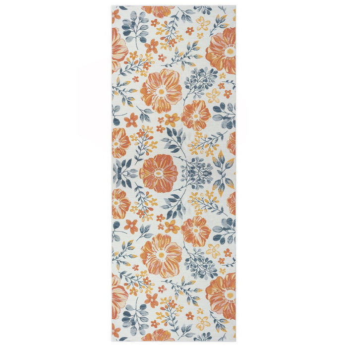 2' X 8' Floral Stain Resistant Indoor / Outdoor Runner Rug - Ivory Orange / Blue