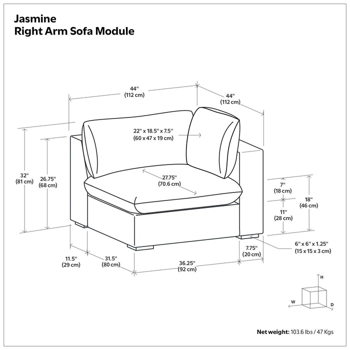 Jasmine - Right Arm Sofa Module - Gray Simpli-Home