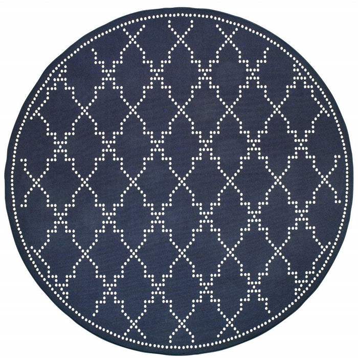 8' X 8' Round Geometric Stain Resistant Area Rug Indoor / Outdoor - Ivory / Blue