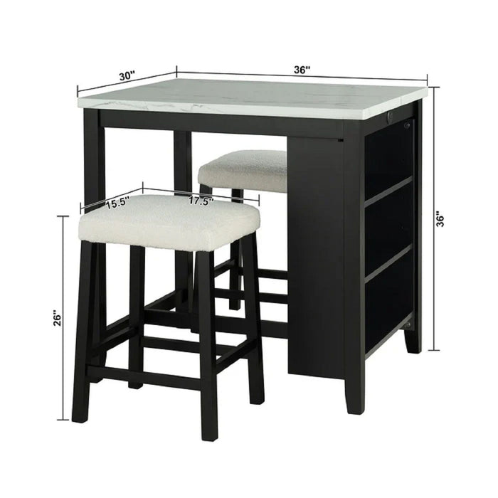 Dining Table Set With Storage Shelves, 3 Piece With 2 Stools - Black / Ivory / White Home Essentials