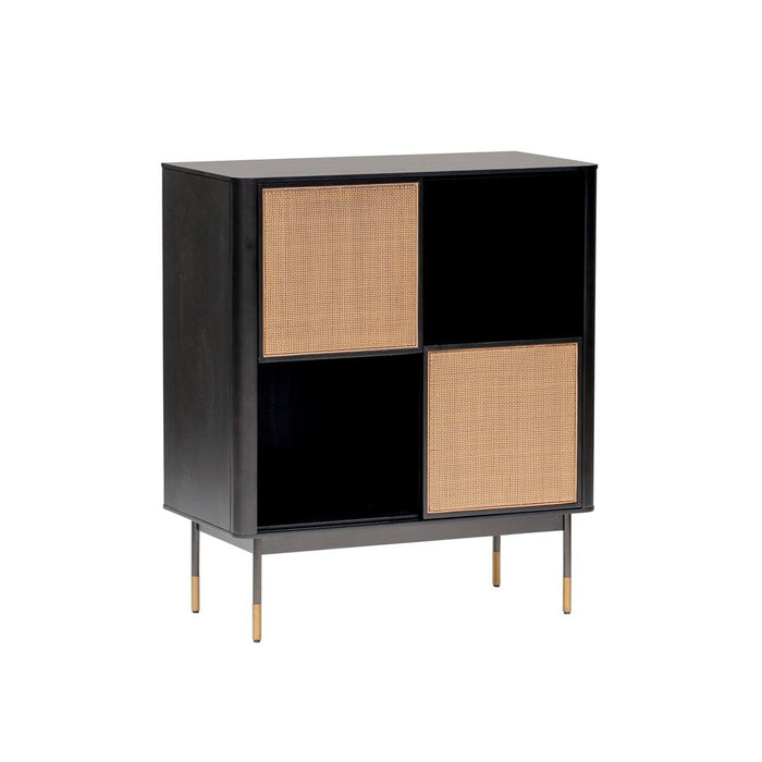Wood And Wicker Accent Cabinet - Black / Beige