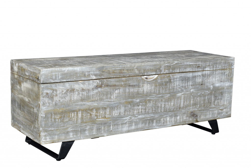 Solid Wood Entryway Bench With Flip Top - Whitewash Gray / Black