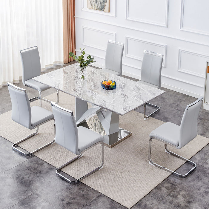 1 Table And 6 Chairs Set, Modern Gray MDF Faux Marble Dining Table With Double V-Shaped Supports.Paired With 6 Modern PU Artificial Leather Soft Cushion With Silver Metal Legs - MDF / Metal