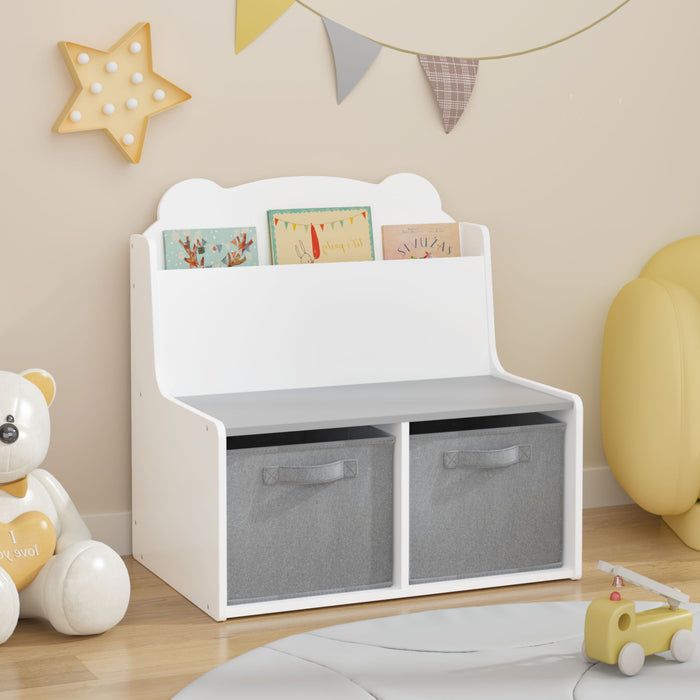 Bookshelf With Storage Bins, Bookcase With Book Display Shelf And 2 Bins, Cute Bear Shaped Backboard, Toy Organizer - White Home Essentials