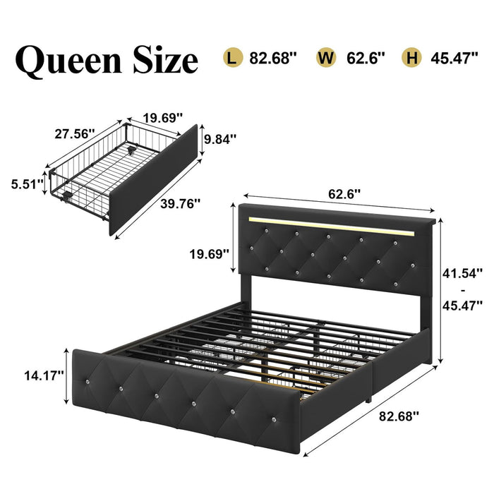 Upholstered Bed Frame With LED Lights, 4 Storage Drawers, Charging Station Home Essentials