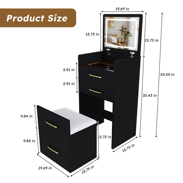 3 In 1 Vanity Desk With Open Top Mirror, Glass Desktop Makeup Set With 3 Drawers, Compact Dressing Table For Bedroom - Black Home Essentials