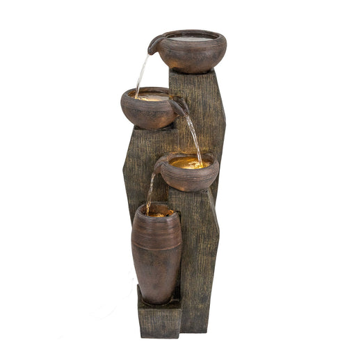 Outdoor Water Fountain, 4 Tier Cascading Bowl With Warm LED Lights For Patio - Brown / Tan Daily Nest