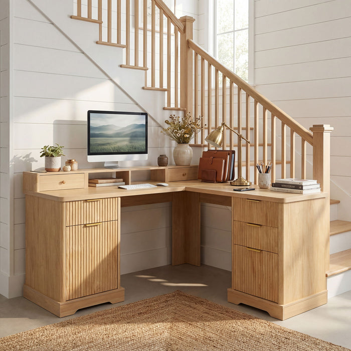 Fluted L-Shaped Desk With Charging Station & Storage Cabinet Home Essentials