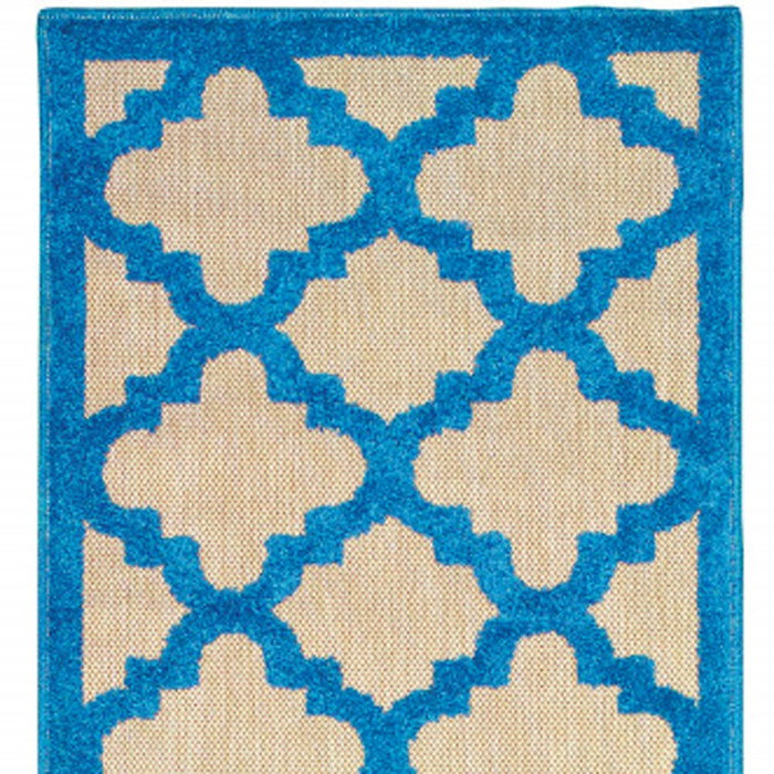 2' X 8' Geometric Stain Resistant Outdoor / Indoor Area Rug - Blue / Beige