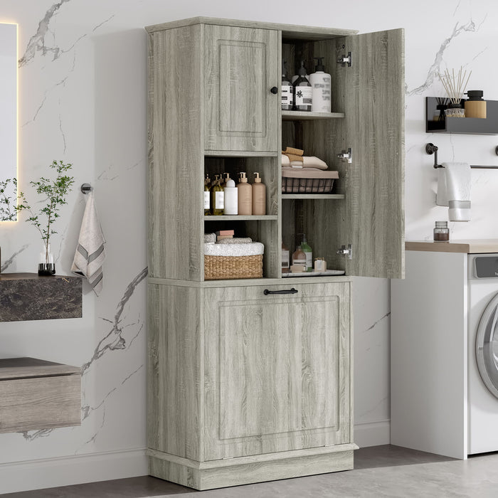 Modern Tall Storage Cabinet With Adjustable Shelves, Flip-Out Basket & Enclosed Doors Hearth and Haven