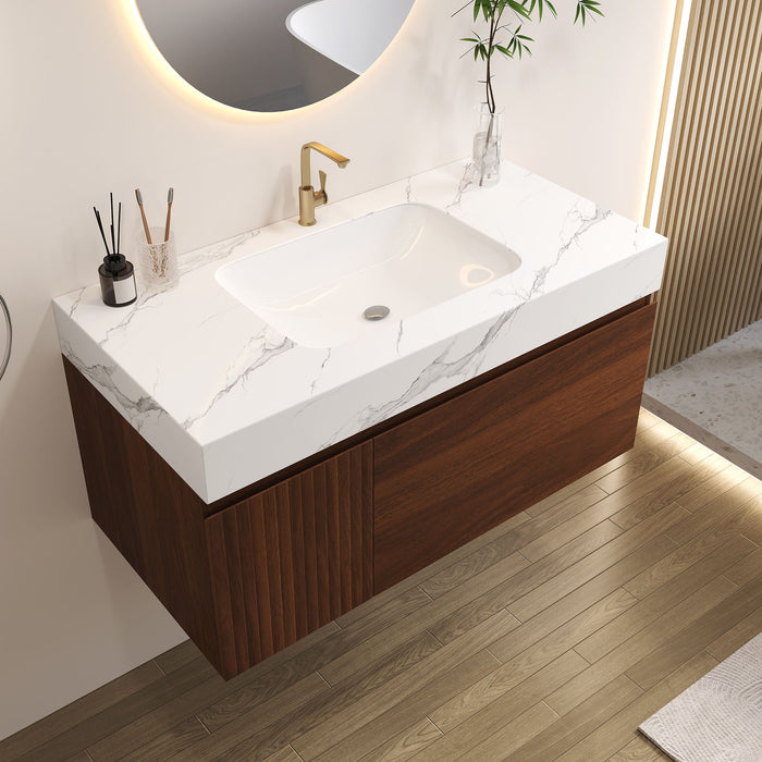 Floating Bathroom Vanity & Basin 1 Soft Close Drawer + 1 Cabinet, Wall Mounted - Walnut / White Home Essentials
