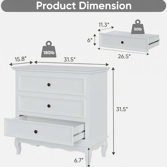 3 Drawer Dresser - White Home Essentials