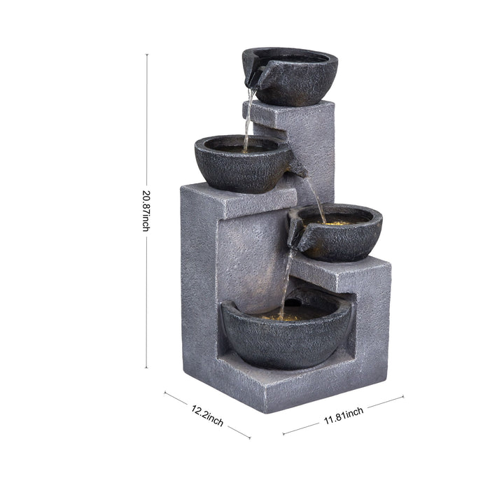 4 Tier Cascading Water Fountain With Warm LED Lights, Quiet Pump For Patio - Gray Daily Nest